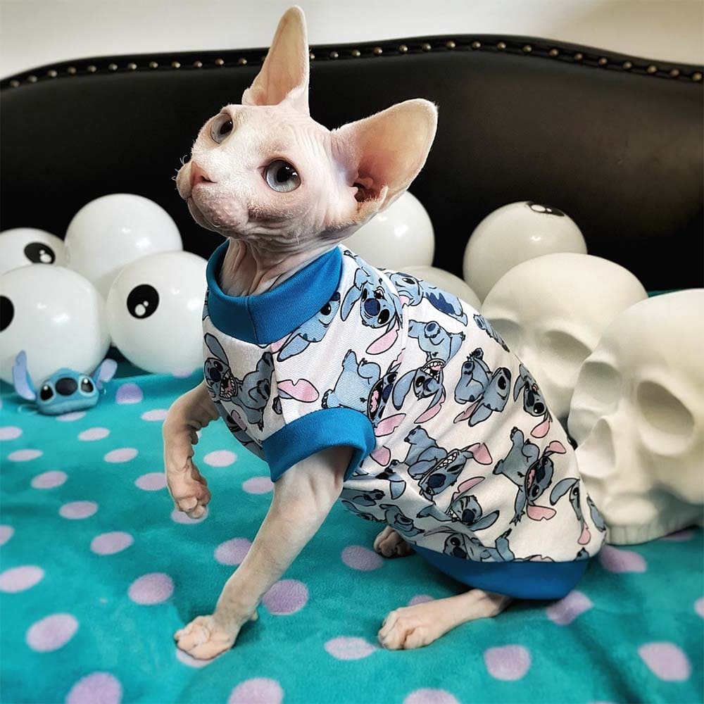 Shirts for Sphynx Cats-Sphynx wears Stitch shirt