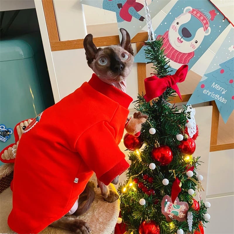 Christmas Costumes for Cats-Sphynx wears bell hoodie