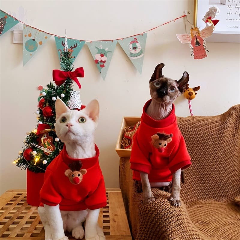 Christmas Costumes for Cats Red Sweatshirt with Elk and Bells