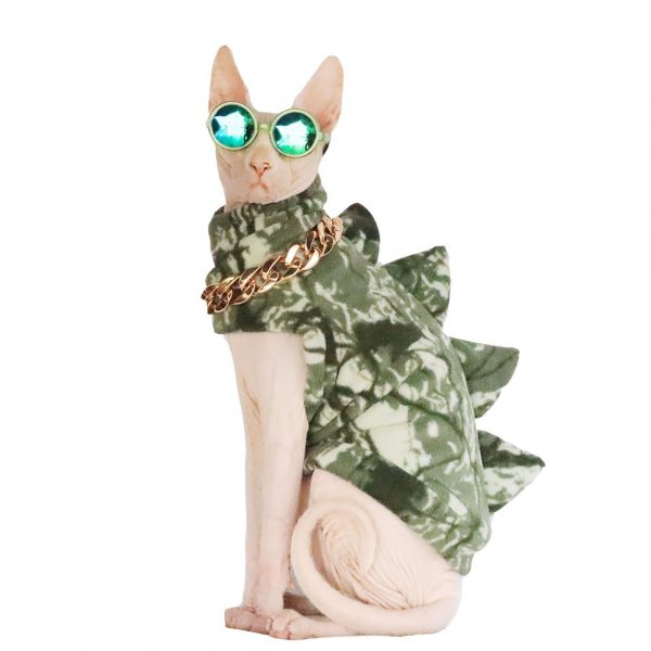 Cat Costume for Cats-Sphynx wears green dinosaur costume