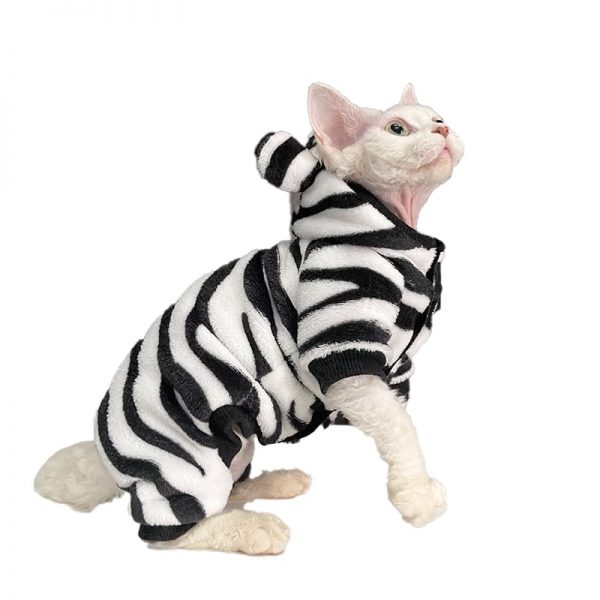 Costumes for Kittens-Devon Rex wears zebra onesie