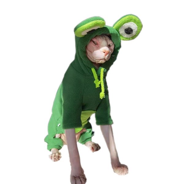 Костюмы для домашних кошек - сфинкс носит толстовку с капюшоном лягушки