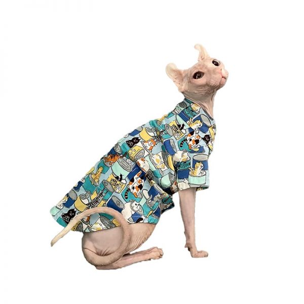 子猫の服装｜スフィンクス猫用ハワイアンウェア（ブルー）カートゥーンシャツ