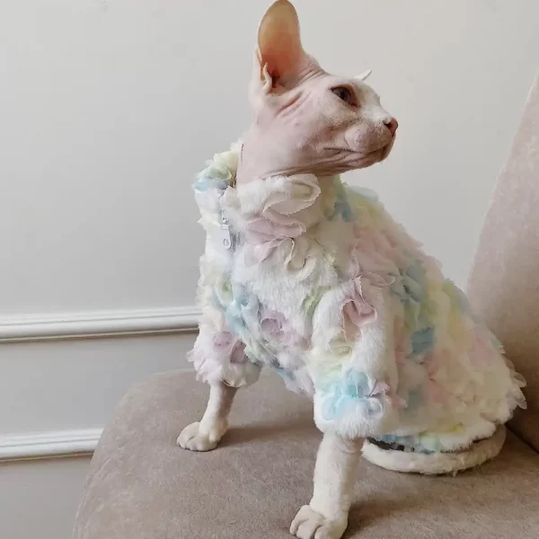 Sphynx Mädchen Katzenkleidung-Regenbogen Pelzmantel-Weiß