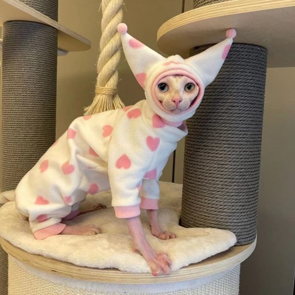 Sphynx Cat Clothes Four Legs Pink Heart Onesie mit Mütze für Sphynx