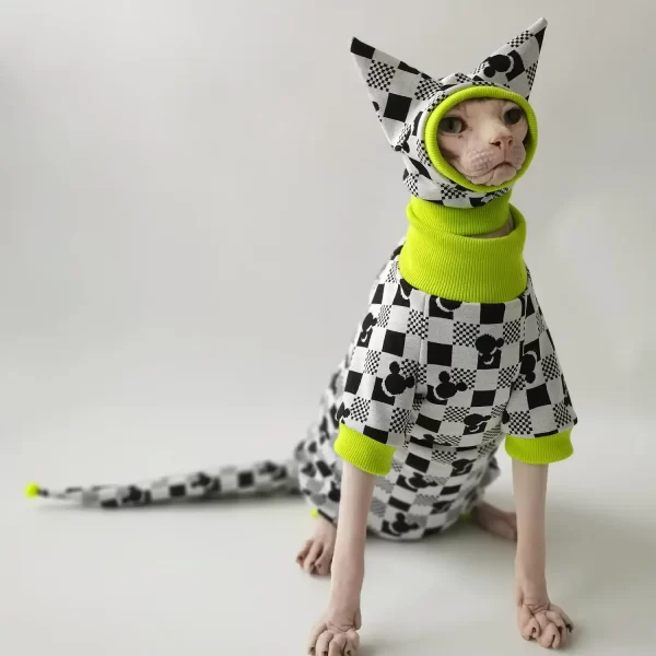 Checkerboard Onesies for Sphynx Cat with Hat and Tail Sleeve