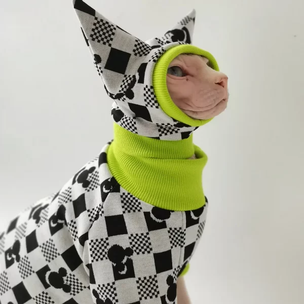 Checkerboard Onesies for Sphynx Cat with Hat and Tail Sleeve