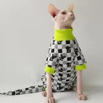 Checkerboard Onesies for Sphynx Cat with Hat and Tail Sleeve