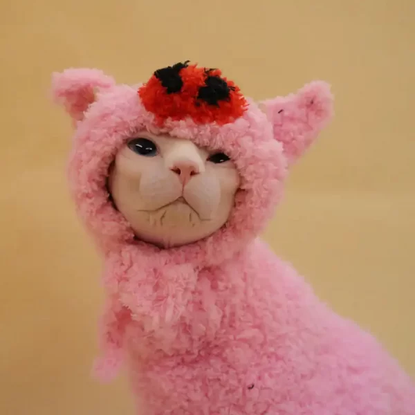 Hand-knitted Onesies for Sphynx Pink Pig Coral Fleece Fabric