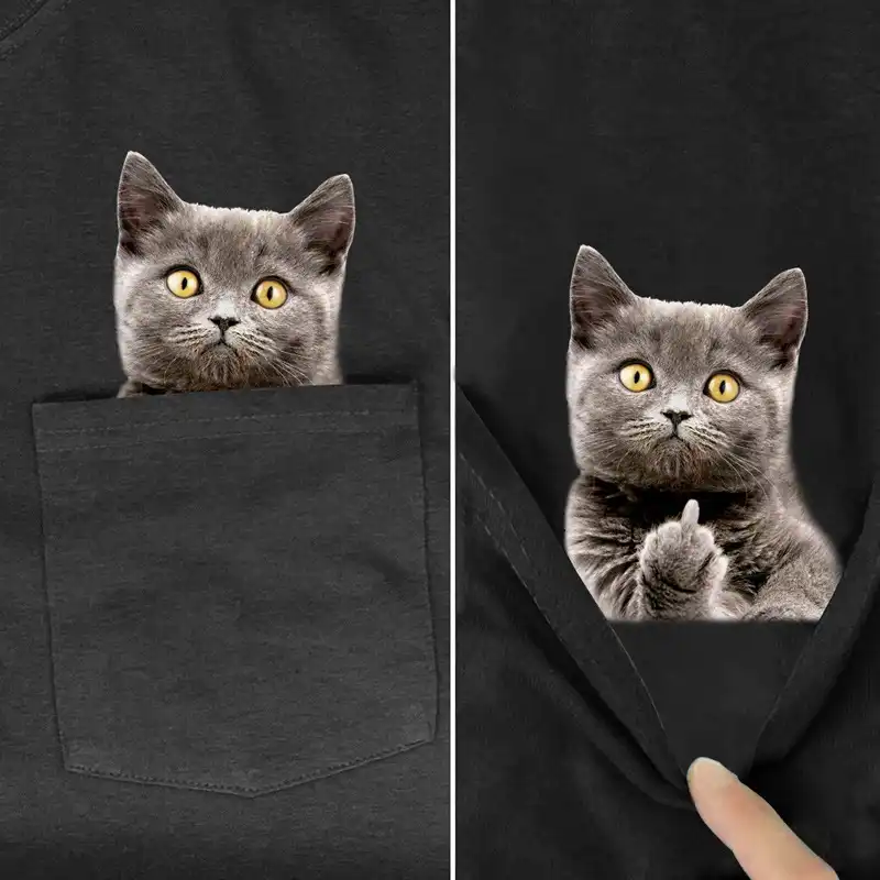 Funny Cat Pocket T Shirt YESWARMG