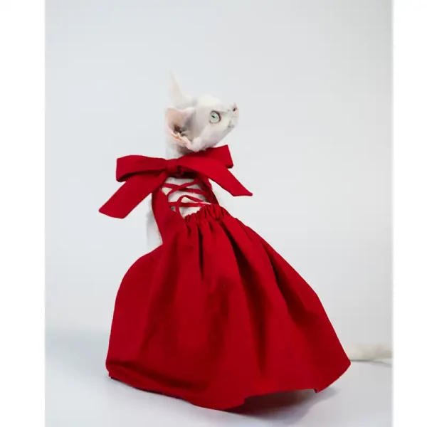 Vestido vermelho com laço para gatos sem pêlo