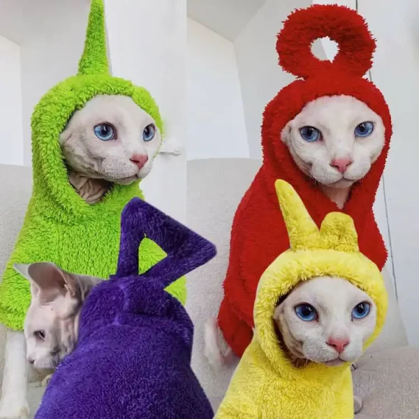 Suéteres fofos dos Teletubbies para gatos Sphynx