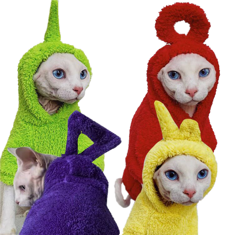 Bonitos jerseys de los Teletubbies para gatos Sphynx