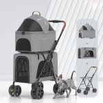 Cat Stroller for Two Cats, Foldable Double Pet Stroller with Detachable Carrier