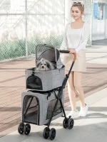 Cat Stroller for Two Cats, Foldable Double Pet Stroller with Detachable Carrier