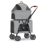 Cat Stroller for Two Cats, Foldable Double Pet Stroller with Detachable Carrier - Gray