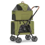 Cat Stroller for Two Cats, Foldable Double Pet Stroller with Detachable Carrier - Green