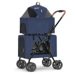 Cat Stroller for Two Cats, Foldable Double Pet Stroller with Detachable Carrier - Navy