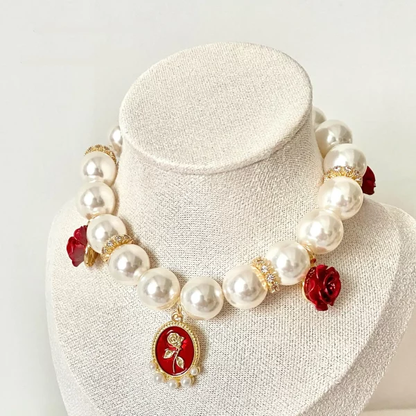 Red Rose Pearl Necklace Collar for Cats