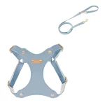 Soft Leather Cat Harness Leash Set - Blue