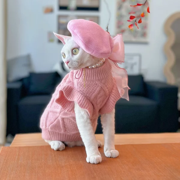 Winter Pink Lace Sweaters for Cats - Sweater+Bow Necklace+Hat