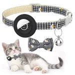 Plaid Print Bow Airtag Collar for Cats - Black