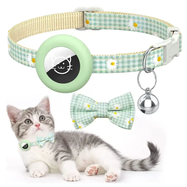 Plaid Print Bow Airtag Collar for Cats - Green