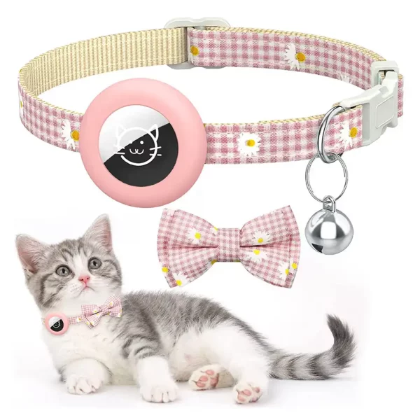 Plaid Print Bow Airtag Collar for Cats - Pink
