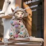 Yeswarmg Adorable Thick & Warm Cat Coat with Fluffy Pom-Poms and Colorful Polka Dots, Perfect for Devon Rex and Hairless Breeds